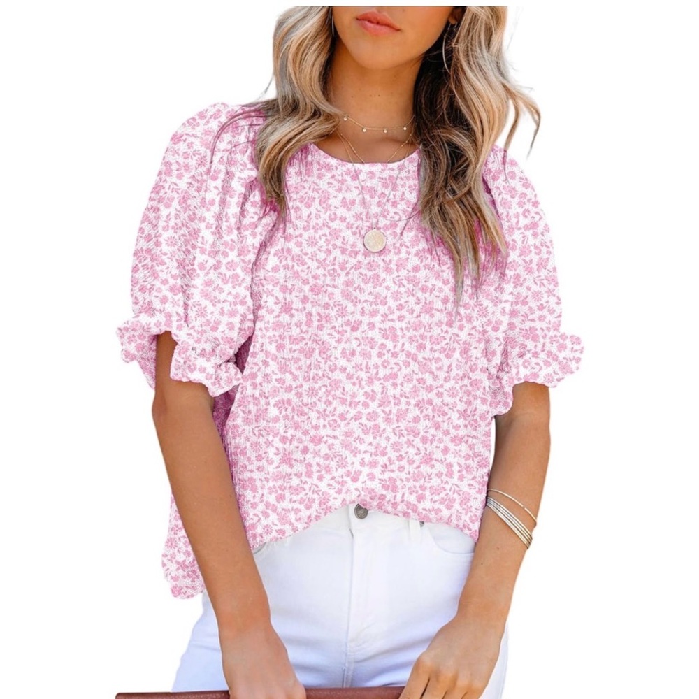 Women’s Light Pink and White Floral Smocked Puff Sleeve Blouse Top Shirt size M